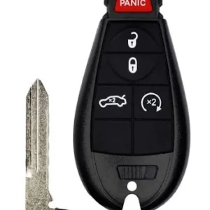 Car key fob with red Panic button and lock, unlock, and trunk-release buttons, shown with a separate metal key blade.