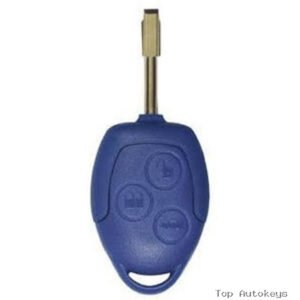 Blue car key fob with three round buttons and a metal key blade attached.