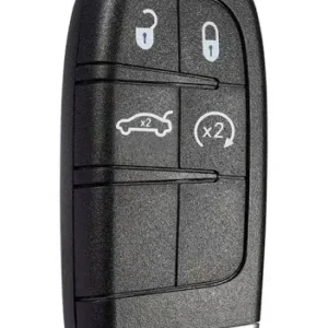 Car key fob with four buttons: unlock, lock, trunk release, and a double-press panic alarm button
