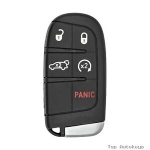 Black car key fob with buttons for lock, unlock, trunk release, and a red Panic button.