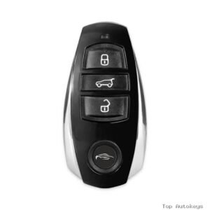 Car key fob showing Lock, Trunk Release, and Unlock buttons with a circular panic button below.