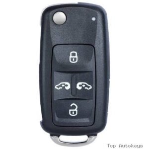 Car key fob with three buttons: lock, unlock, and trunk release, shown with a metal loop at the bottom.