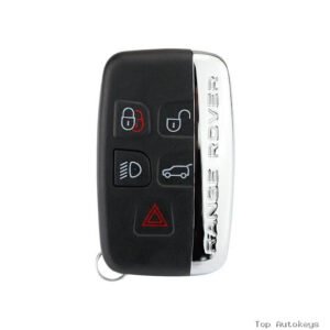 Range Rover key fob showing lock, unlock, trunk release, lights, and panic buttons with Range Rover branding on the side.