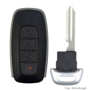 Black car key fob with four buttons (lock, unlock, trunk, panic) and a separate silver metal key blade