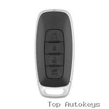 Car key fob with four vertically stacked buttons (lock, unlock, trunk release, alarm) on a dark panel with a silver frame.