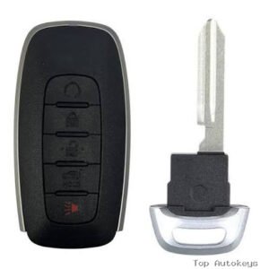 Black car key fob with five buttons shown alongside a detachable metal key blade