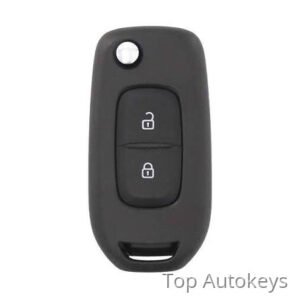 Black car key fob with two central buttons for lock and unlock, and a small key ring at the top edge foregrounding the device