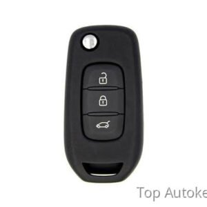 Black car key fob with three buttons (lock, unlock, trunk) and a key ring hole at the top center.