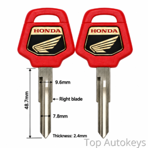Two red Honda car keys with measurement annotations: overall length 48.7 mm and blade width 9.6 mm, showing right and left blades side by side.