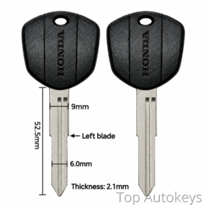 Pair of Honda car keys with metal blades and measurements: 52.5mm total length, 9mm blade width, 6.0mm blade width near tip, 2.1mm thickness. Left blade labeled left blade.