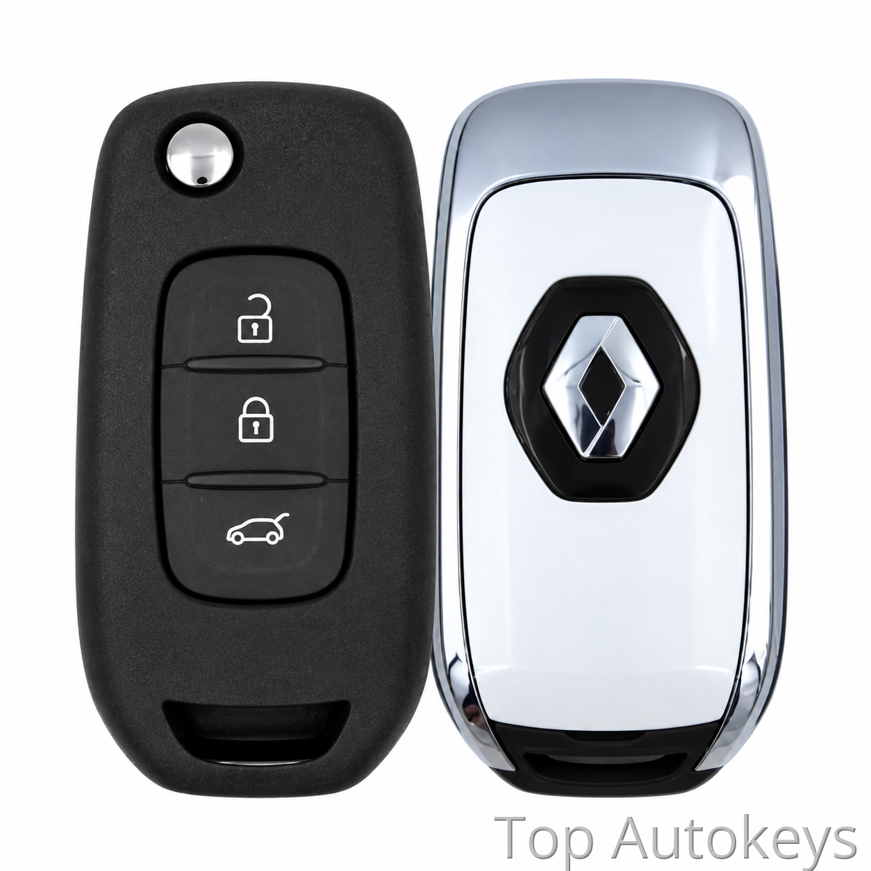 1e37eb4f-3cae-45fc-86af-45837d573d94 - Top Autokeys Two car key fobs side by side: a black remote with lock/unlock/trunk buttons and a silver Renault fob with a diamond logo on chrome panel.