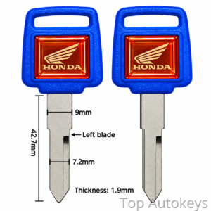 Pair of blue Honda key fobs with embedded metallic blades, shown with dimensions: overall blade length 42.7 mm, blade width 9 mm at shoulders, left blade 7.2 mm, and thickness 1.9 mm (informational diagram).
