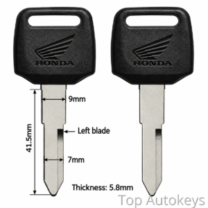 Pair of Honda car keys with dimension annotations: blade length 41.5 mm, thickness 5.8 mm, and left blade width 7 mm.