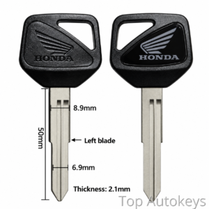 Pair of Honda car keys with dimension callouts: blade length 50 mm, thickness 2.1 mm, and blade width 6.9 mm; left key highlighting the left blade.