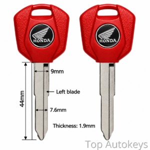 Two red Honda car keys side by side with measurement overlays showing blade length 44 mm, blade width 9 mm, left blade 7.6 mm, and blade thickness 1.9 mm—informational diagram.