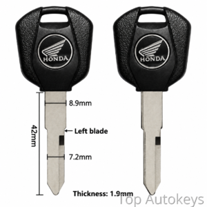 Two Honda key blanks with black plastic heads and metal blades; diagram shows dimensions: total height 42 mm, blade width 8.9 mm, notch 7.2 mm, and blade thickness 1.9 mm (left blade labeled)