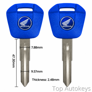 Two blue Honda car keys shown side by side with measurement lines and labeled blade dimensions: height 47.30 mm, width 7.88 mm at the collar, blade width 9.57 mm, and thickness 2.48 mm.