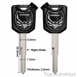 Two Honda car keys side by side, showing a metal blade with labeled dimensions (blade length ~55.9 mm, width ~8.9 mm, thickness 2.2 mm).