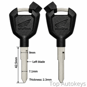 Pair of Honda key blades with black caps, showing measurements: blade length 42.5mm, width 7.1mm, left blade 9mm, thickness 2.3mm.
