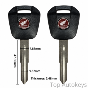 Pair of Honda car keys shown side by side with dimension labels: blade width 7.88 mm, thickness 2.48 mm, and overall length 47.30 mm