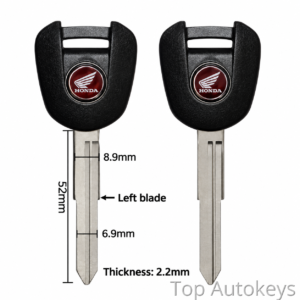 Diagram of two Honda car keys with measured blade dimensions: 52 mm overall length, 8.9 mm blade width, 6.9 mm segment, and 2.2 mm thickness (left blade labeled).