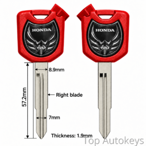 Two Honda key blades with red fobs, showing blade dimensions: length 57.2 mm, thickness 1.9 mm, blade widths 7 mm and 8.9 mm (left/right).