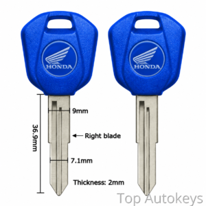 Pair of blue Honda car keys with a technical diagram showing blade dimensions (36.9 mm total length, 9 mm from top, 7.1 mm width, 2 mm thickness) and a right-blade orientation, watermark says 'Top Autokeys'.