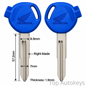 abb84216-1adb-4913-aca0-e1633f89a675 - Top Autokeys Two blue Honda key heads with metal blades; a diagram shows blade length 57.2 mm, width 7 mm, thickness 1.9 mm, with the right blade labeled.
