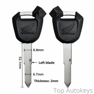 acd909dc-1efc-401b-93ab-b49b8e1d8769 - Top Autokeys Technical diagram of two Honda car keys with blade dimensions: height 52.1 mm, width 8.8 mm, and thickness 2 mm; left blade labeled