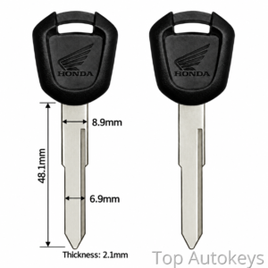 Two Honda car keys shown side by side with labeled blade measurements: total length 48.1 mm, blade width 8.9 mm near top and 6.9 mm lower, thickness 2.1 mm.