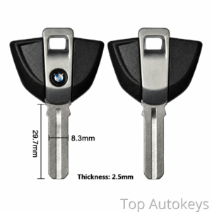 Two car keys shown side by side with dimension labels: length 29.7 mm, blade width 8.3 mm, thickness 2.5 mm (informational diagram).
