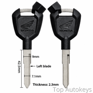 Pair of Honda car key blades with dimension callouts: blade length 42.5 mm, width 9 mm at top and 7.1 mm lower, thickness 2.3 mm.