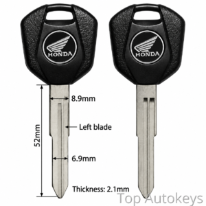 db12e6a3-018c-4c97-a58c-138a01ffc46a - Top Autokeys Two Honda car keys shown with dimension labels (blade widths 8.9 mm and 6.9 mm; overall length 52 mm; thickness 2.1 mm).