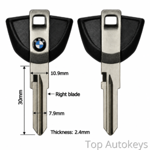Diagram of two BMW car keys showing blade dimensions: 30 mm long blade, 7.9 mm wide, 10.9 mm cross‑section, and 2.4 mm thickness.