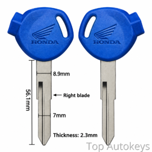 Pair of blue Honda car keys with labeled blade measurements (length 56.1 mm, blade width 8.9 mm, thickness 2.3 mm). On left, shows right blade orientation; right key mirrors the blade.
