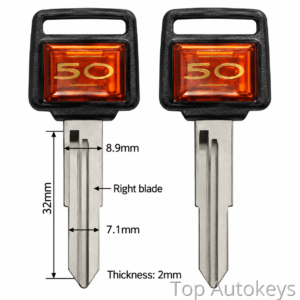 Pair of car keys with orange 50 symbols and metal blades; includes dimensional labels (32 mm length, 8.9 mm width, 7.1 mm blade width, 2 mm thickness). Context: key specs image.