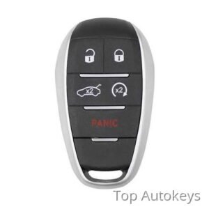 Black car key fob with a silver rim, showing lock, unlock, two trunk buttons, and a red Panic button.
