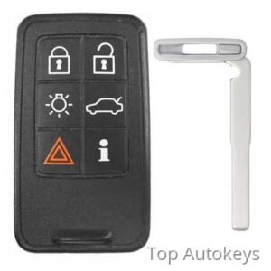 Six-button car key fob with a fold-out metal blade.