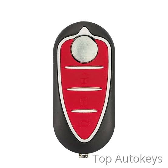 images - Top Autokeys Car key fob with a red button panel on a black casing, featuring four function buttons and a silver top dial/button area.
